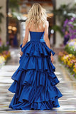 Dark Blue Ruffled A-Line Long Prom Dress with Slit