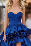 Dark Blue Ruffled A-Line Long Prom Dress with Slit