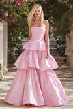 Pink Tiered Maxi Prom Dress with Ruffles