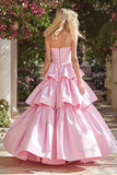Pink Tiered Maxi Prom Dress with Ruffles