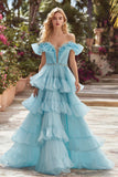 Sparkly Sky Blue Tulle Tiered Ruffled Long Prom Dress