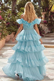 Sparkly Sky Blue Tulle Tiered Ruffled Long Prom Dress