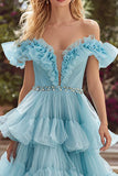 Sparkly Sky Blue Tulle Tiered Ruffled Long Prom Dress