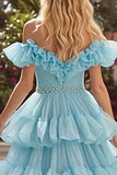 Sparkly Sky Blue Tulle Tiered Ruffled Long Prom Dress
