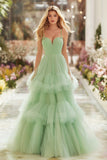 Princess Light Green Tiered Ruffled Long Prom Dress