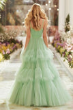 Princess Light Green Tiered Ruffled Long Prom Dress