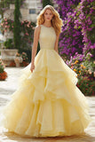 Sparkly Light Yellow Ruffled Maxi Prom Dress with Beading