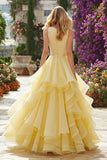 Sparkly Light Yellow Ruffled Maxi Prom Dress with Beading