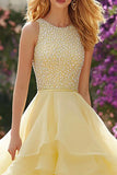 Sparkly Light Yellow Ruffled Maxi Prom Dress with Beading