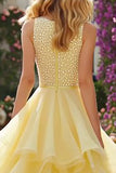 Sparkly Light Yellow Ruffled Maxi Prom Dress with Beading