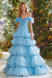Sky Blue Ruffled Tiered Long Prom Dress