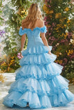 Sky Blue Ruffled Tiered Long Prom Dress