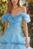Sky Blue Ruffled Tiered Long Prom Dress