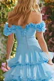 Sky Blue Ruffled Tiered Long Prom Dress