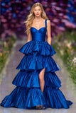 Dark Blue Ruffled Tiered Long Prom Dress with Slit