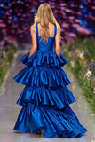 Dark Blue Ruffled Tiered Long Prom Dress with Slit