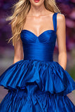 Dark Blue Ruffled Tiered Long Prom Dress with Slit