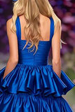 Dark Blue Ruffled Tiered Long Prom Dress with Slit