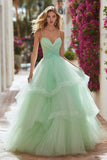 Light Green Tiered Tulle Maxi Prom Dress with Ruffles