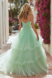 Light Green Tiered Tulle Maxi Prom Dress with Ruffles