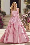 Pink Tiered Ruffled Maxi Prom Dress With Bow
