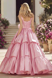 Pink Tiered Ruffled Maxi Prom Dress With Bow