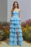 Sky Blue Ruffled Tiered Long Prom Dress with Slit