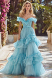 Princess Sky Blue Tiered Long Prom Dress with Ruffles