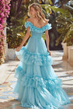 Princess Sky Blue Tiered Long Prom Dress with Ruffles