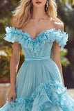 Princess Sky Blue Tiered Long Prom Dress with Ruffles