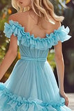 Princess Sky Blue Tiered Long Prom Dress with Ruffles