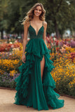 Sparkly Dark Green Ruffled Tiered Long Prom Dress with Slit