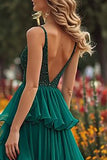 Sparkly Dark Green Ruffled Tiered Long Prom Dress with Slit