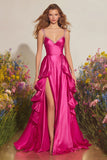 Sparkly Fuchsia Ruffled Maxi Prom Dress with Slit