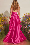 Sparkly Fuchsia Ruffled Maxi Prom Dress with Slit