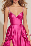 Sparkly Fuchsia Ruffled Maxi Prom Dress with Slit