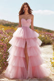 Pink Ruffled Tiered Long Prom Dress with Slit