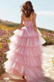 Pink Ruffled Tiered Long Prom Dress with Slit