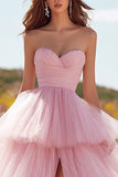 Pink Ruffled Tiered Long Prom Dress with Slit