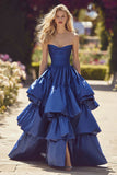 Dark Blue Tiered Maxi Ruffled Prom Dress with Slit