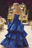 Dark Blue Tiered Maxi Ruffled Prom Dress with Slit
