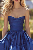 Dark Blue Tiered Maxi Ruffled Prom Dress with Slit