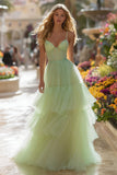 Light Green Tiered Corset Tulle Long Prom Dress with Ruffles