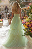 Light Green Tiered Corset Tulle Long Prom Dress with Ruffles