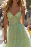 Light Green Tiered Corset Tulle Long Prom Dress with Ruffles