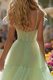 Light Green Tiered Corset Tulle Long Prom Dress with Ruffles