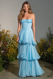 Sky Blue Tiered A-Line Long Prom Dress with Ruffles