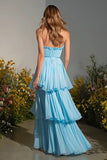 Sky Blue Tiered A-Line Long Prom Dress with Ruffles