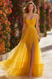 Yellow A-Line Long Prom Dress with Slit