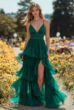 Sparkly Tiered Dark Green Long Ruffled Prom Dress with Slit